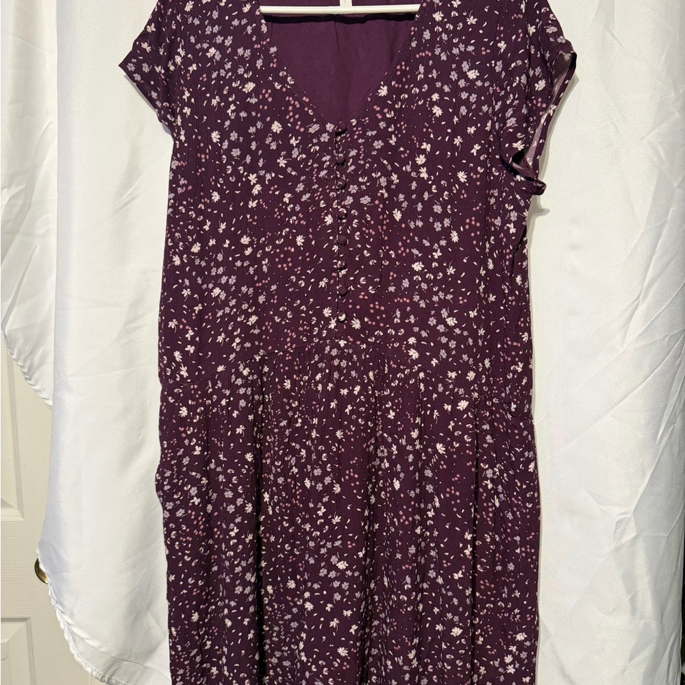 Garnet Hill Deep Plum Floral Button-Front Midi Dress